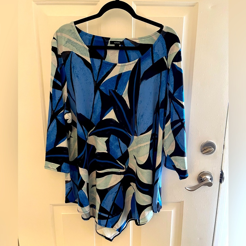 Alfani Elements plus size 3/4 length sleeves, tunic top, blue, white, and black
